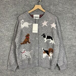 &merci Dog Intarsia Cardigan Women L Gray NEW Novelty Knit Stars Button Front